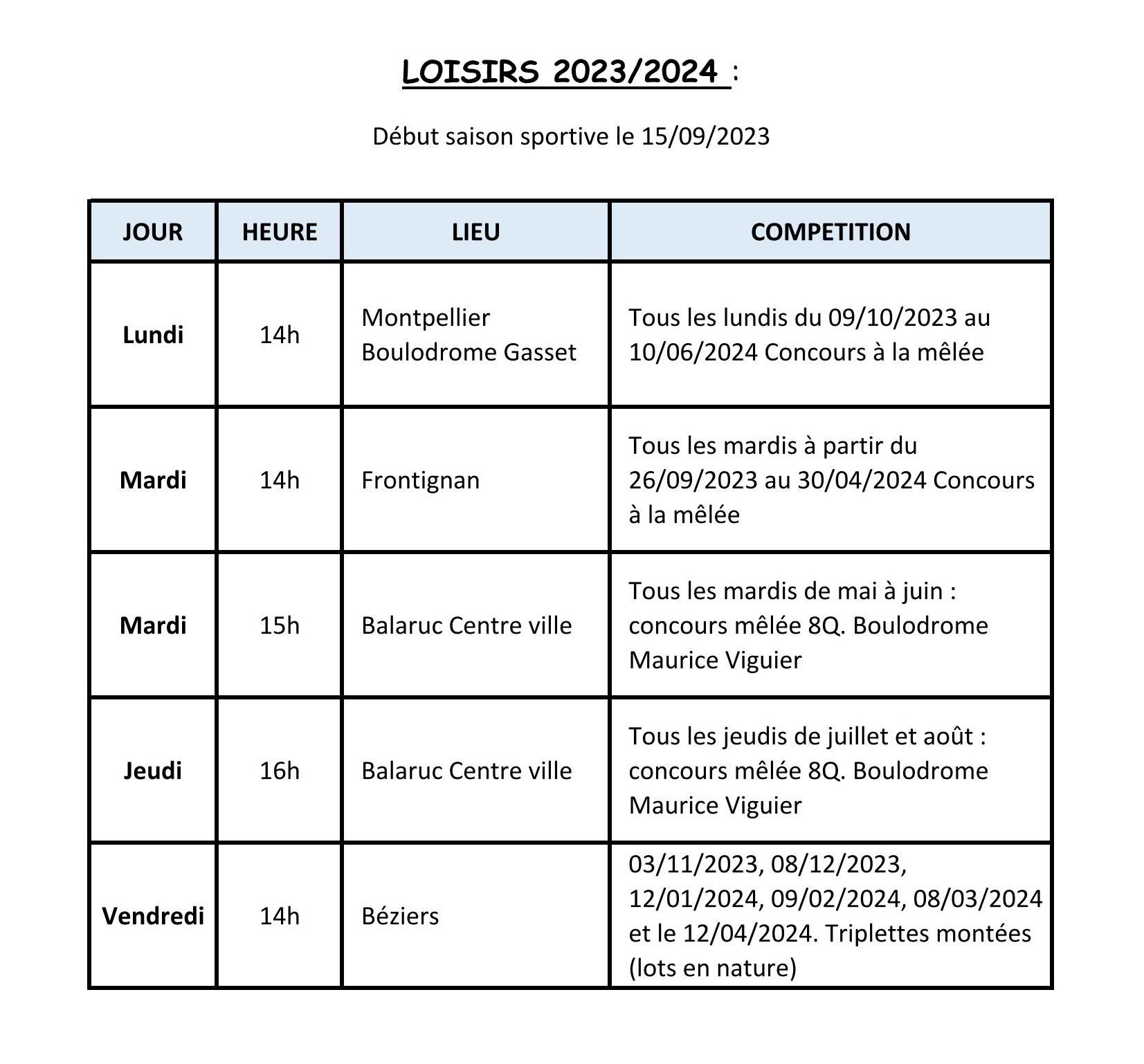 Calendrier Loisirs 2023/2024